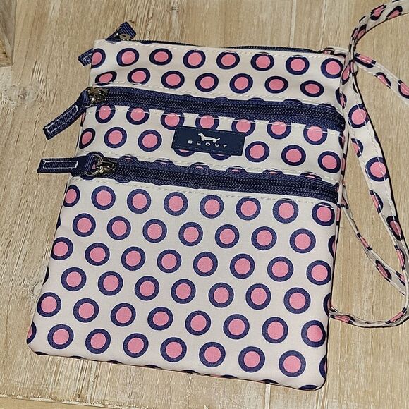 SCOUT Sally Go Lightly Blue White Pink Polka Dot Crossbody Purse Triple Zip - Picture 3 of 10